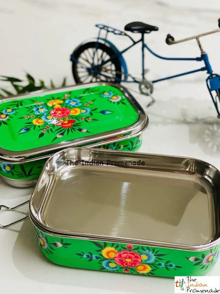 Hand Painted Enamelware Stainless Steel 2 tier Lunch Box/Lunch Tin  (Green)