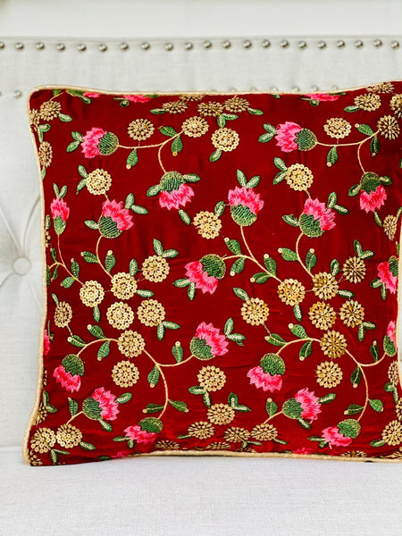 Red Velvet with Floral Embroidery and Sitara Work Cushion Cover