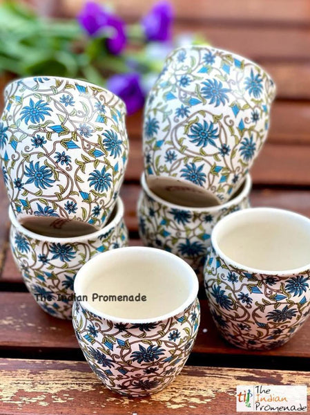 Glazed Kulhad Chai Glasses-Floral Blue , set of 6