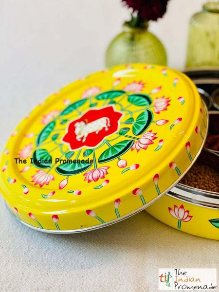 Hand Painted Pichwai art Inspired Enamelware Masala Dani (Spice Box) Yellow