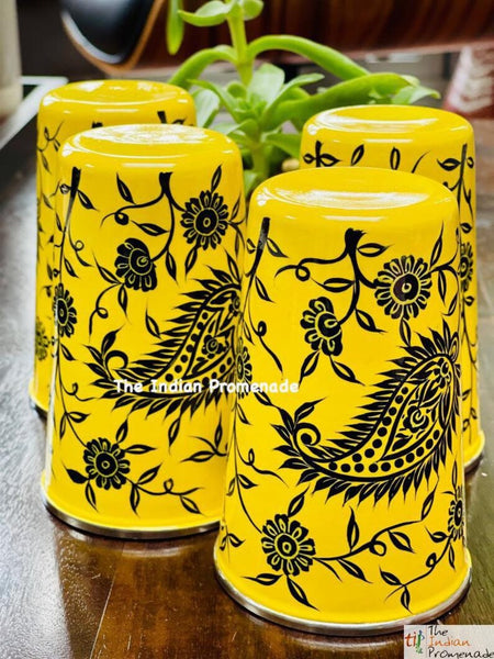 Yellow Paisley Hand Painted Kashmir Enamelware Stainless Steel Tumblers ( set of 4)
