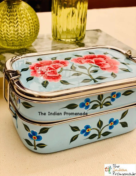 Hand Painted Enamelware Stainless Steel 2 tier Lunch Box /Lunch Tin ( Blue)