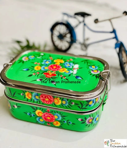 Hand Painted Enamelware Stainless Steel 2 tier Lunch Box/Lunch Tin  (Green)