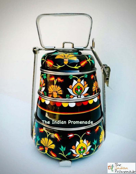 3 Tier Black Hand Painted Enamelware Stainless Steel Tiffin