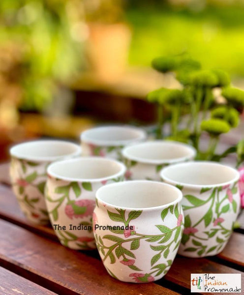 Glazed Kulhad Chai Glasses-Floral Green , set of 6