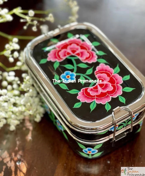 Hand Painted Enamelware Stainless Steel 2 tier Lunch Box /Lunch Tin (Black)