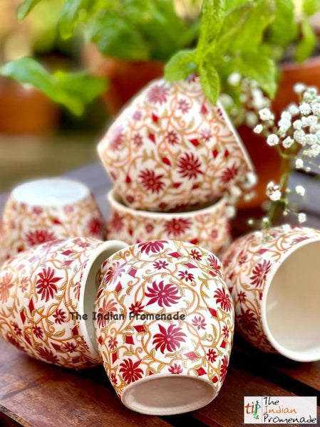 Glazed Kulhad Chai Glasses-Floral Red , set of 6