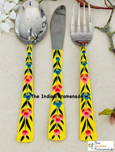 Hand-painted Floral Kashmir Enamelware Cutlery set of 18- Yellow