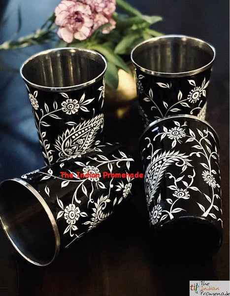 Black Paisley Hand Painted Kashmir Enamelware Stainless Steel Tumblers ( set of 4)