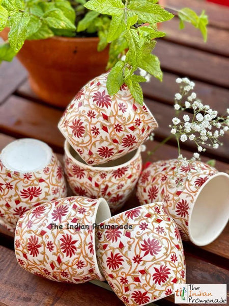 Glazed Kulhad Chai Glasses-Floral Red , set of 6