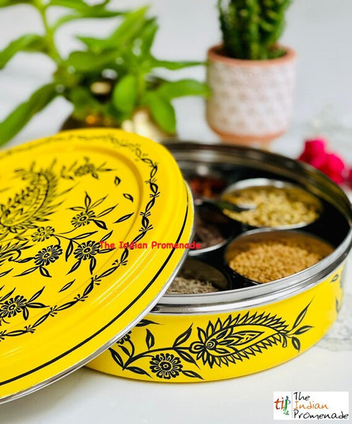 Hand Painted Paisley Enamelware Masala Dani (Spice Box)-Yellow