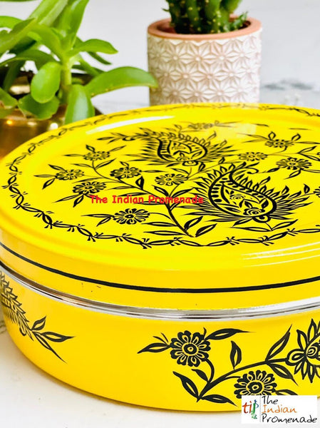 Hand Painted Paisley Enamelware Masala Dani (Spice Box)-Yellow