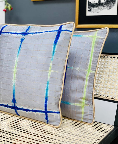 Pure Silk Tie & Dye Cushion Cover with Subtle Gold Zari Stripes- Grey
