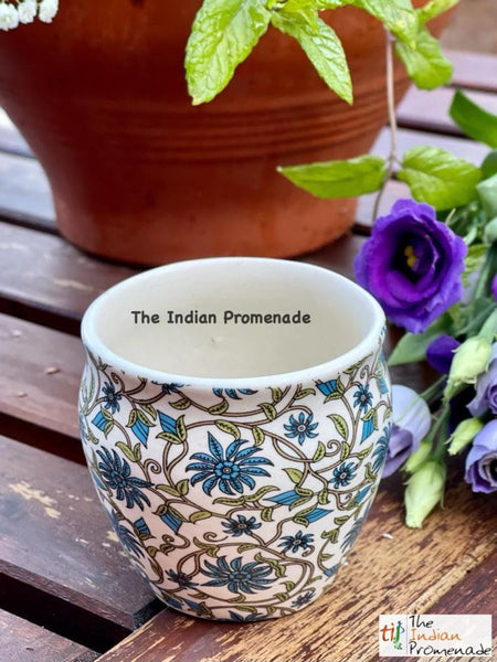 Glazed Kulhad Chai Glasses-Floral Blue , set of 6
