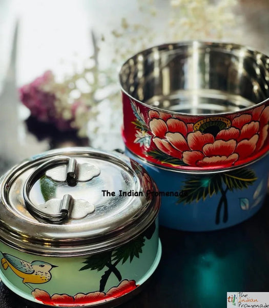 3 Tier Hand Painted Kashmir Enamelware Stainless Steel Tiffin ( Multicolour with birds)