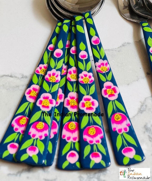 Hand-painted Floral Kashmir Enamelware Cutlery set of 18- Midnight Blue
