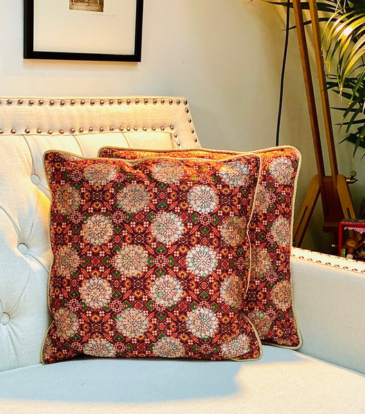 Patola Print Cushion Cover with Subtle Gold Weave - Maroon