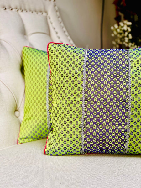 Patchwork Cushion Cover in Double Shades - Parrot Green/ Blue