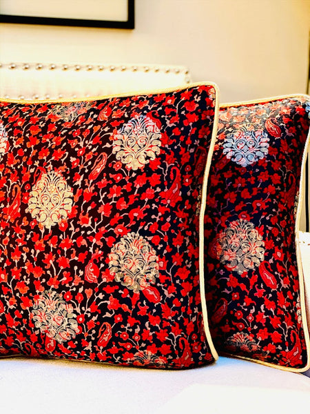 Printed Chanderi with Subtle Gold Weave Cushion Cover- Black& Red