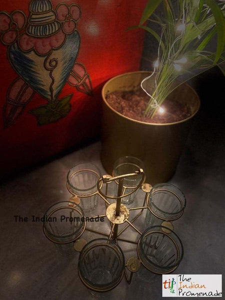 Cutting Chai Glasses in a Round Gold Powder Finish Stand( set of 6 with stand)