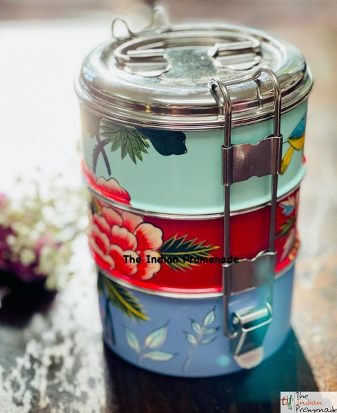3 Tier Hand Painted Kashmir Enamelware Stainless Steel Tiffin ( Multicolour with birds)