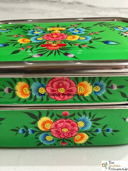 Hand Painted Enamelware Stainless Steel 2 tier Lunch Box/Lunch Tin  (Green)