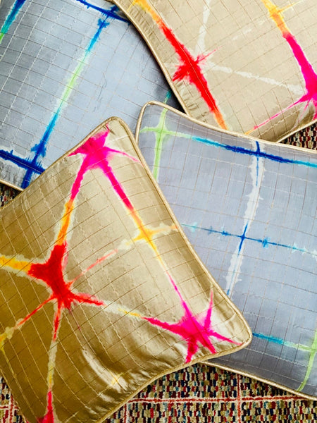 Pure Silk Tie & Dye Cushion Cover with Subtle Gold Zari Stripes- Beige