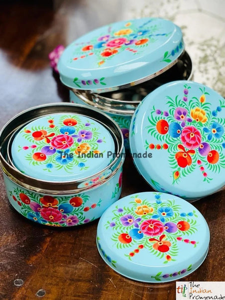 Set of 4 Hand Painted Enamelware steel containers - Blue