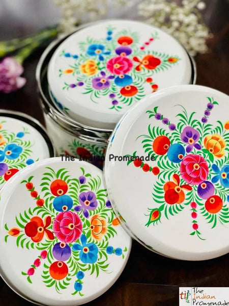 Set of 4 hand Painted Enamelware steel container-White