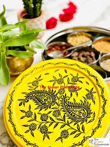 Hand Painted Paisley Enamelware Masala Dani (Spice Box)-Yellow