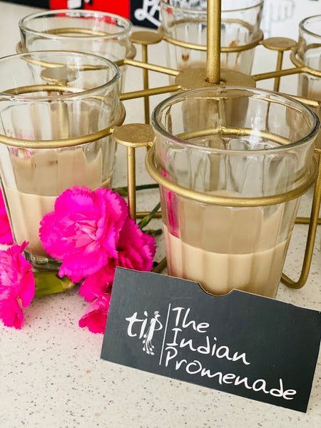 Cutting Chai Glasses in a Round Gold Powder Finish Stand( set of 6 with stand)