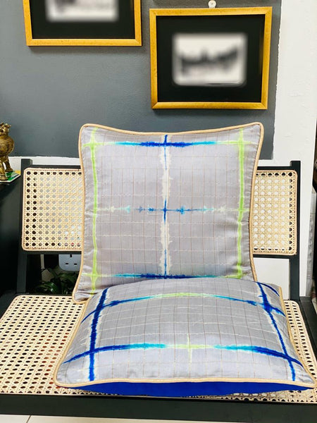 Pure Silk Tie & Dye Cushion Cover with Subtle Gold Zari Stripes- Grey