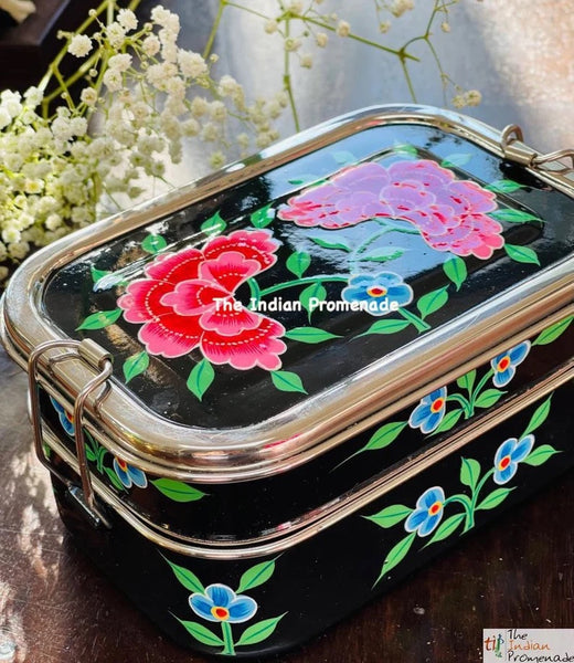 Hand Painted Enamelware Stainless Steel 2 tier Lunch Box /Lunch Tin (Black)