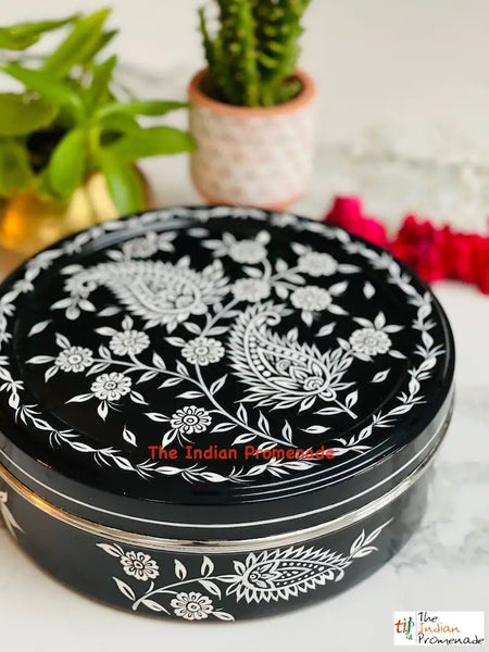 Hand Painted Paisley Enamelware Masala Dani (Spice Box) -Black