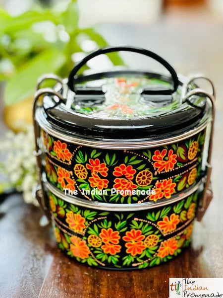 2-Tier HandPainted Kashmir Enamelware Stainless Steel Tiffin-Black/Orange