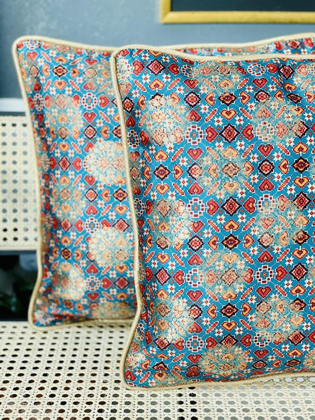Patola Print Cushion Cover with Subtle Gold Weave - Teal/Turquoise