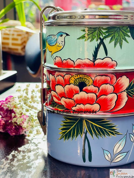 3 Tier Hand Painted Kashmir Enamelware Stainless Steel Tiffin ( Multicolour with birds)