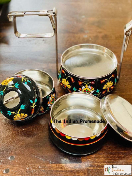 3 Tier Black Hand Painted Enamelware Stainless Steel Tiffin