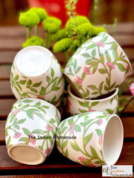 Glazed Kulhad Chai Glasses-Floral Green , set of 6