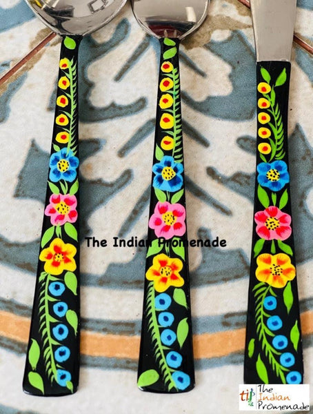 Hand-painted Floral Kashmir Enamelware Cutlery set of 18- Black