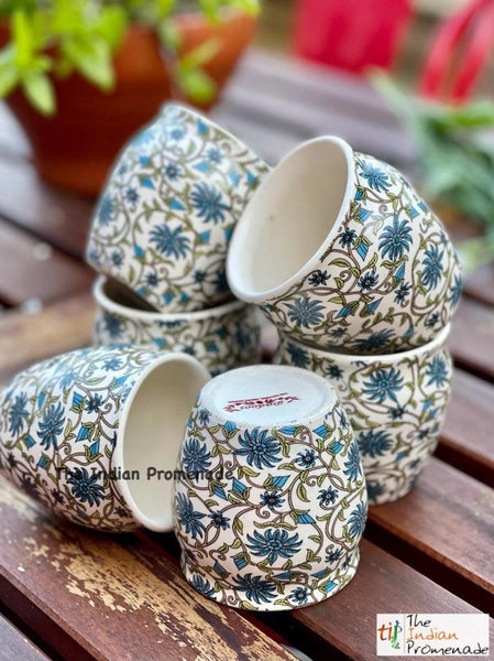 Glazed Kulhad Chai Glasses-Floral Blue , set of 6