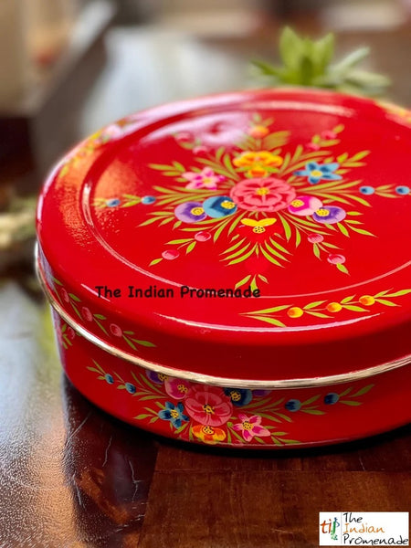 Red Hand-painted Kashmiri enamelware cookie container