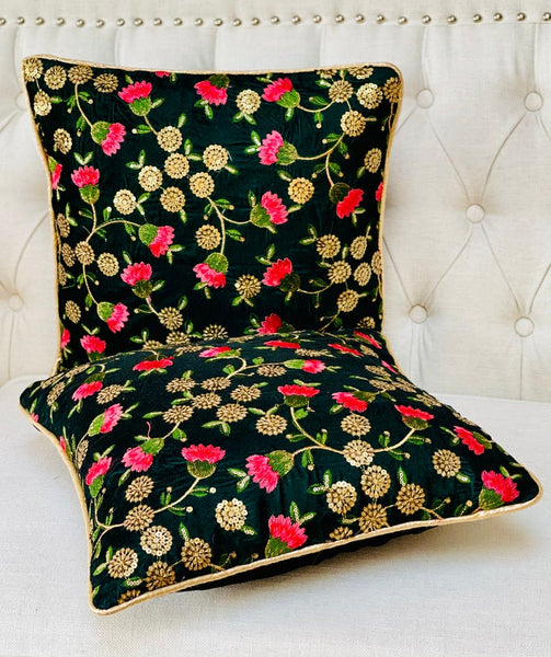Green Velvet with Floral Embroidery and Sitara work Cushion Cover