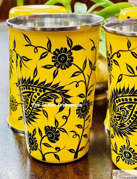 Yellow Paisley Hand Painted Kashmir Enamelware Stainless Steel Tumblers ( set of 4)