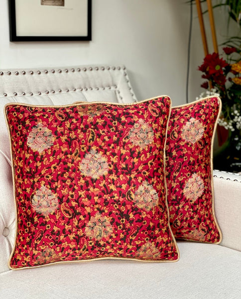 Printed Chanderi with Subtle Gold Weave Cushion Cover- Red