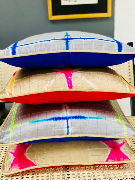 Pure Silk Tie & Dye Cushion Cover with Subtle Gold Zari Stripes- Beige