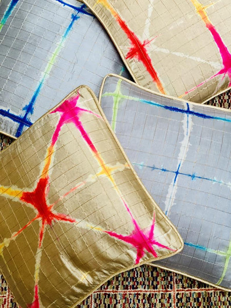 Pure Silk Tie & Dye Cushion Cover with Subtle Gold Zari Stripes- Grey
