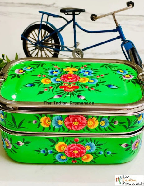 Hand Painted Enamelware Stainless Steel 2 tier Lunch Box/Lunch Tin  (Green)