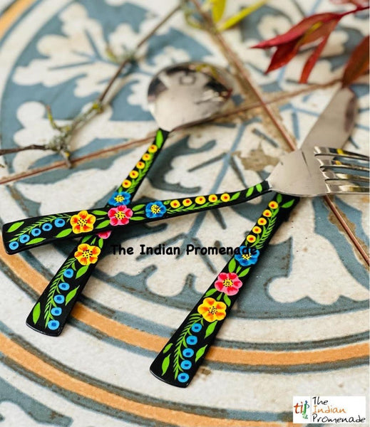 Hand-painted Floral Kashmir Enamelware Cutlery set of 18- Black