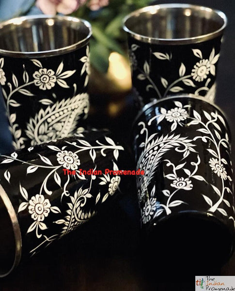 Black Paisley Hand Painted Kashmir Enamelware Stainless Steel Tumblers ( set of 4)